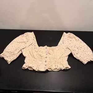 Urban Outfitters Cream Eyelet Puff-Sleeve Crop Top
